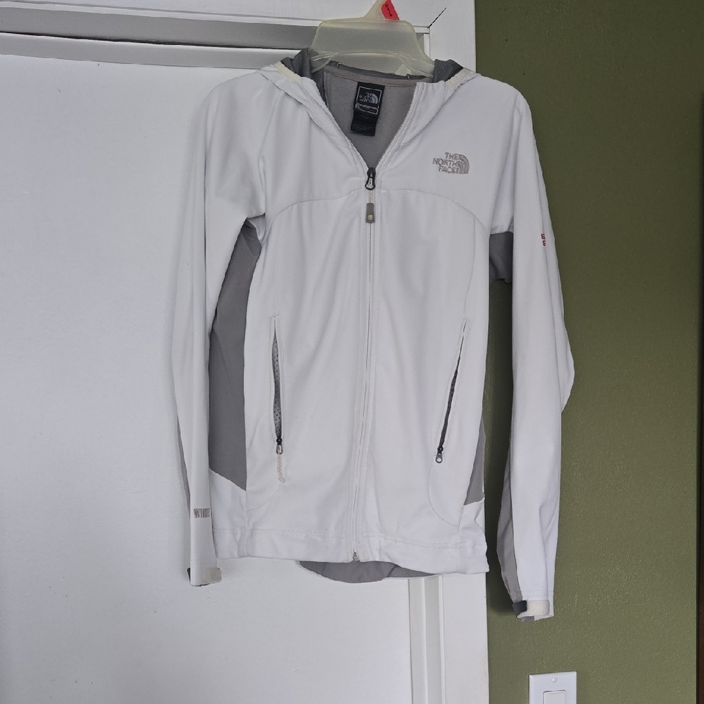 The North Face Women's White Hooded Softshell Jacket with Gray Panels